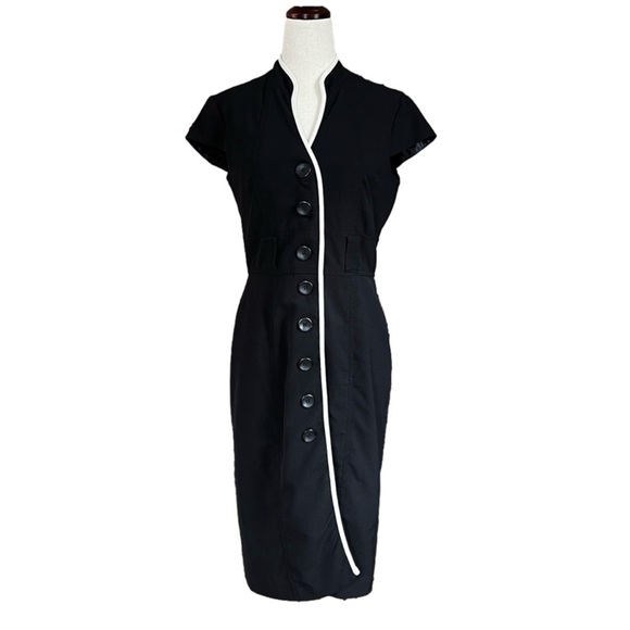 Vintage Dresses & Skirts - Vintage 90s Y2K Black Career Button Up Pencil Dress w/ White Piping & Belt Loops